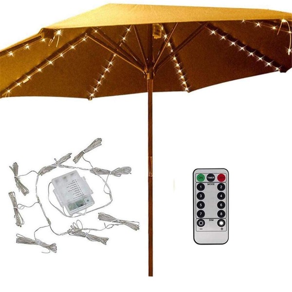 Patio Umbrella Lights 8 Lighting Mode 104 LED String Lights with Remote Control Umbrella Lights Battery Operated Waterproof Outdoor Decor for Patio Umbrellas Outdoor Use Camping Tents Warm White