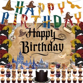 Magical Wizard Birthday Party Supplies with 1Pcs Magical Wizard Theme Banner,1 Pcs Backdrop,25 Pcs Caketoppers,18 Pcs Ballon for kids Witch Wizard Magic School Birthday Baby Shower Party Decorations