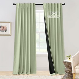 NICETOWN Coconut Green 100% Blackout Chenille Curtains for Bedroom Window, Rod Pocket Back Tab Thermal Insulated Luxury Vintage Heavy Curtain Velvet Drapes for Living Room, W52 x L96 inches, 2 Panels