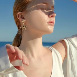 Frigotine Chunky Gold Starfish Dangle Drop Earrings for Woman, Trendy Statement Boho flower Seashell Dangling Tropical Earing Summer Beach Prom Accessories Jewelry Gifts
