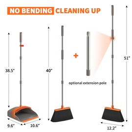 Broom and Dustpan Set, Large Upright Brooms and Dust Pans with 52" Long Handle, Self-Cleaning with Dustpan Teeth for Kitchen, Office Lobby, Living Room, Kitchen, Garden