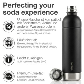 Nordiqo Stainless Steel Bubble Bottle 1 Litre Compatible with Aarke Carbonator 3, SodaStream Duo & Plastic Bottles Not for Crystal & Jet No Expiration Date Plastic-Free 2 x Black