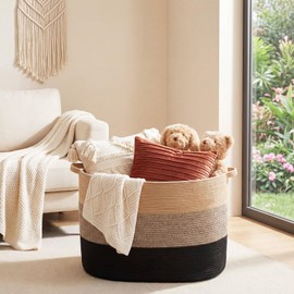 Singhoow 125l Jumbo Blanket Basket for Living Room, 25"x18"x17" XXXXL Cotton Rope Storage Basket with Handles, Extra Large Woven Laundry Hamper for Living Room, Laundry(Khaki,Brown,Black)