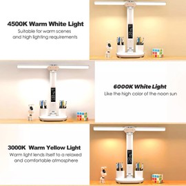 CBEI Desk Lamp LED USB Charging Touch Control Table Lamps 3 Colors 5 Brightness Eye-Caring Reading Light Bedside Phone Holder 3 in 1 LCD Calendar Temperature Alarm