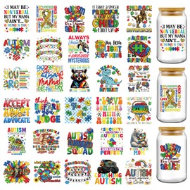 AFRITEE UV DTF Cup Wraps - 30 Sheets Autism Awareness UV DTF Cup Wrap for 16 oz Glass, Boho Colorful Puzzle Cute Animals Transfer Stickers for DIY Water Bottle Tumbler Journal Crafts Gift