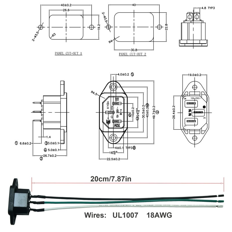2PCS IEC 320 C14 Panel Mount Plug Adapter, AC 250V