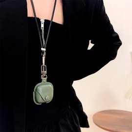 ChouXiLin Military Green Leather Case for AirPods 4/AirPods 4(2024) Noise Cancelling - Tactical Shockproof Cover with Adjustable Neck Strap & Carabiner Keychain, Travel-Ready Protective Case for Women