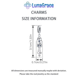 LunaGrace Sterling Silver Charm Bracelet for Women 5A Cubic Zirconia Bead Gift for Her Rocket