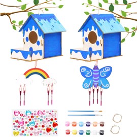 DIY Bird House Construction Kit for Children, 2 Pieces Bird House Building Kit, Craft Items for Painting, Wooden Bird House Sticker, Wind Chime, Craft Items for Children, Puzzle Bird Feeder, Balcony