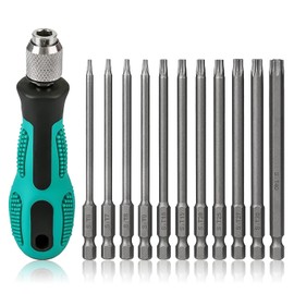 CTENG 12pcs T6-T40 Torx Screwdriver Set, 1/4" Torx Screwdriver Bit Set with Handle, T6-T40 100mm Long Hex Shank, S2 Steel Star Head Screwdriver Bit Set