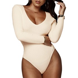 GEMBERA Women's Deep V Neck Long Sleeve Bodysuit Ribbed Knit Bodycon Thong Bodysuit Tops White Cream M