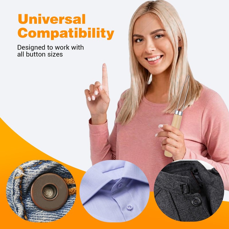 3Pcs Button Hook Assist Device with Easy-Grip Wooden Handle, Stainless