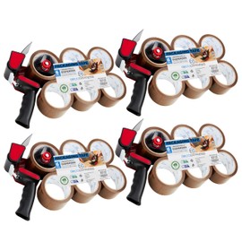 DECO EXPRESS Packaging Tape Dispenser Tape Gun and 6 Rolls Strong Brown Tape Fragile Tape Clear Tape Heavy Duty Tape for Packing Boxes Moving House Essentials (Dispenser Brown, 4 Pack)