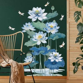 Lotus Flower Wall Decals Removable Blue Water Lily Floral Peel and Stick Wall Stickers with Dragonflies, DIY Nature-Themed Wall Art for Kids Girls Bedroom, Nursery, Living Room