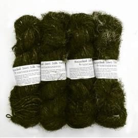 100g Recycled Sari Silk Yarn Hand-spun Olive Green Soft Yarns