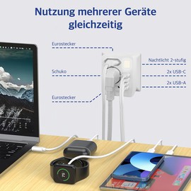revolt Steckdosenladegerät: 8in1-Mehrfach-Steckdosen-Adapter mit USB-C/A, Nachtlicht, 3.680 Watt (Mehrfachsteckdosenadapter, USB-Steckdosenadapter für Zuhause)