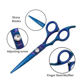 Professional Razor Blades Left Handed Hair Scissors - Barber Scissors for Left Hand - 6.5" Japanese Stainless Steel Left Handed Shears - Handmade Lefty Hair Shears (Blue)