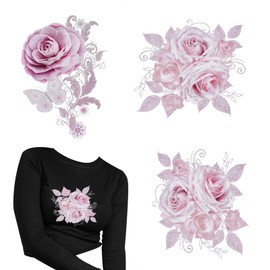 NICENEEDED 3 Pcs Flower Iron on Transfer Stickers, Small Size Floral Decals Thermal Transfer Sticker, Washable Heat Press Vinyl Patch Applique for T-Shirt Jean Backpacks Dress DIY Art