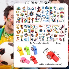 12 Soccer Tattoo Stickers And 6 Soccer Whistles, Temporary Face Stickers, Fan Decoration Stickers, Sports Party Supplies.