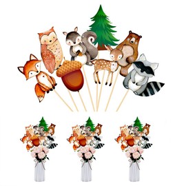 24pcs Woodland Baby Shower Decorations, Baby Shower Cupcake Toppers Floral Woodland Animal Centerpiece Sticks for Forest Friends Girls Baby Shower Wild One Camping Party Supplies