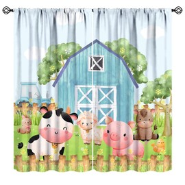 Mchenxin Cartoon Blue Barn Curtains for Girls, Cute Farm Animals Cows Pigs Spring Farmland Flower Leaves Blue Truck Tractor Print Window Drapes for Kids Bedroom Living Room, 42x45in (No Blackout)