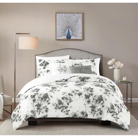 HNU 5-Piece Elegant Floral Comforter Set King Size | Traditional Contemporary Coquette Bedding | Ash Coconut White Cloud Slate Grey Colors | Botanical Classic Unique Pretty Beautiful Stunning Design