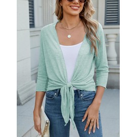 Famulily Tie Front Summer Breathable Sheer Tops for Women Three-Quarter Sleeve Cardigans (XL, Green)