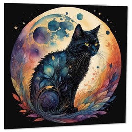 Moon Black Cat Greeting Card Watercolour Painting Art 145 x 145mm