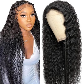 Creuost Deep Wave Wig 4X1 T-Part Lace Frontal Human Hair Wigs No Tangle Pre Plucked Glueless Brazilian Remy With Baby Hair For Women 1B Natural Black Color 26 Inch