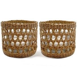 Natural Rattan Woven Tea Light Candle Holder, Decorative Rustic Vintage Seagrass Votive Candle Holders for Dining Table Kitchen Decor Serving Tray, Pack 2