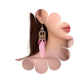 Aneneiceera Boho Pink Feather Earrings Vintage Tribal Feather Tassel Earring Indian Ethnic Earring Silk Tassel Leaf Dream Catcher Earrings Jewelry for Women (Pink)