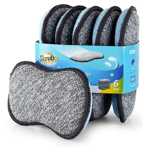 Multi-Purpose Sponges Kitchen by Scrub-it - Non-Scratch Microfiber sponges for Cleaning, Along with Heavy Duty Scrubbing Power - Reusable Dish Sponge for Dishes, Pots and Pans (6 Pack, Small)