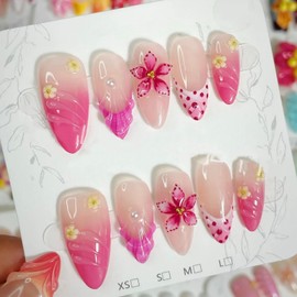 30Pcs Red Flowers Press on Nails Medium Almond French Tip Fake Nails 3D Flowers Rhinestones Glitter Designs Full Cover Pink Ombre Stick on Nails Summer False Nails for Women Girls Acrylic Nail Decor