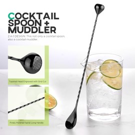 Homestia Bar Mixing Spoon, Muddler 12 Inch (30cm) Bar Spoon with Muddler Tip Cocktail Stirrer - Plated Stainless Steel Cocktail Mixing Spoons for Professionals Stirring (Black)