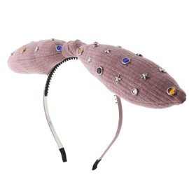 Motique Accessories Girls Cotton Knit Ribbed Puff Bow Headband With Colorful Rhinestones - Light Pink