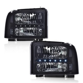 PIT66 LED Strip Headlight Assembly Compatible with 2005-2007 Ford F250 F350 F450 F550 Super Duty/2005 Excursion Headlamp Smoky Lens Chrome Housing Amber Reflector #6C3Z13008AB