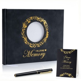 ArtSocket Funeral Guest Book for Memorial Black Leather with Gold Foil Memorial Service GuestBook for Funerals Elegant Celebration of Life and Loving Memorial Complete with Pen and Table Sign