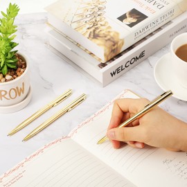15 Pieces Gold Slim Ballpoint Pens Black Ink 1 mm Medium Point Metallic Retractable Pens Gold Metal Pen for Wedding Business Office Supplies Students Teachers Christmas Present