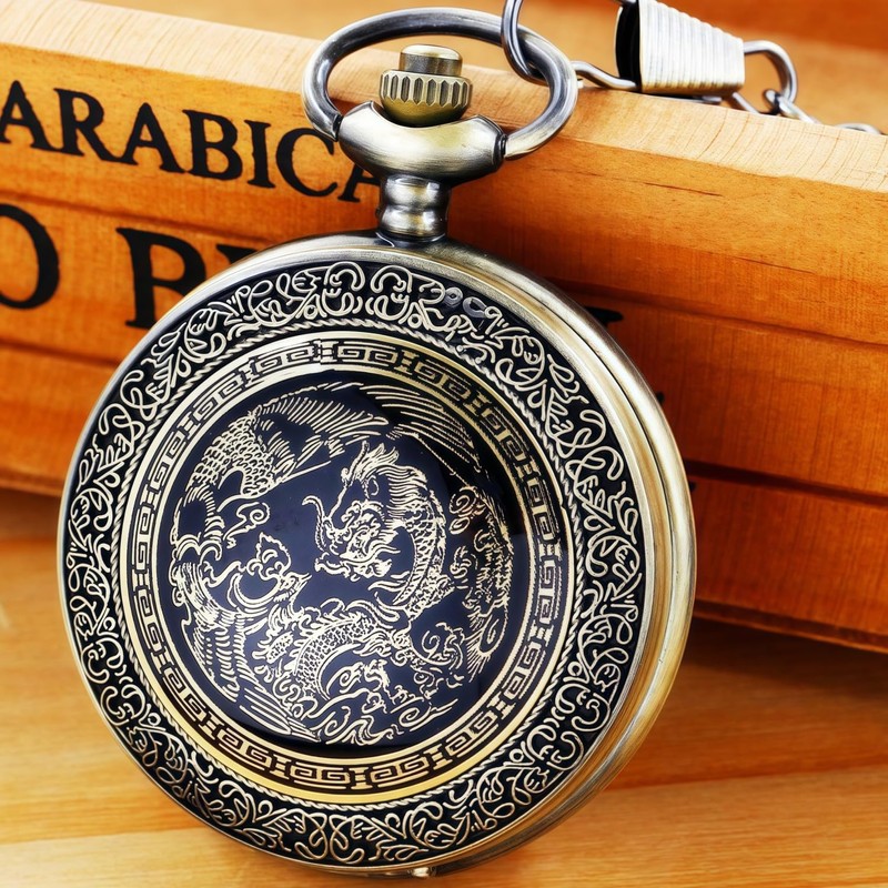 Afcrho Pocket Watch for Men Women Black Dragon and Phoenix