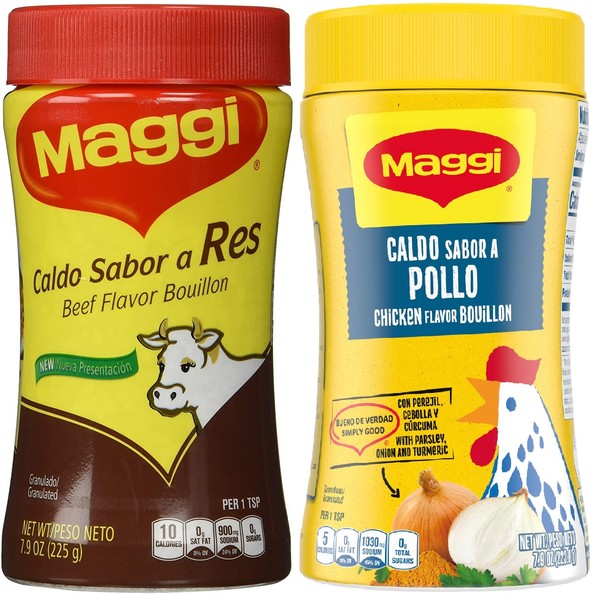 Maggi Chicken & Beef Bouillon Powder - Granulated Seasoning Base for Stock Bone Broth Ramen Stew Consome de Pollo Gluten Free 7.9 oz each container