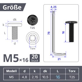 Dayalo Torx screws, black screws M5, pack of 20 flat head screws M5 x 16 mm, for furniture assembly, woodworking projects, with Torx key