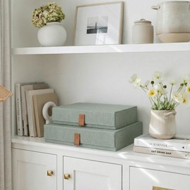 ZICOTO Decorative Photo Storage Boxes with Lids - Set of 2 Beautiful Linen Organizers Are Perfect to Safely Store Your Pictures, Documents, Scrapbooking Supplies, Keepsakes and Other Memories in Style