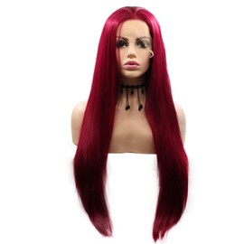 24 Inches Wine Red Wig Straight Synthetic Lace Front Wig with Natural Hairline and Perfect Thickness Heat Resistant Fiber Sleek Hair Wig for Women