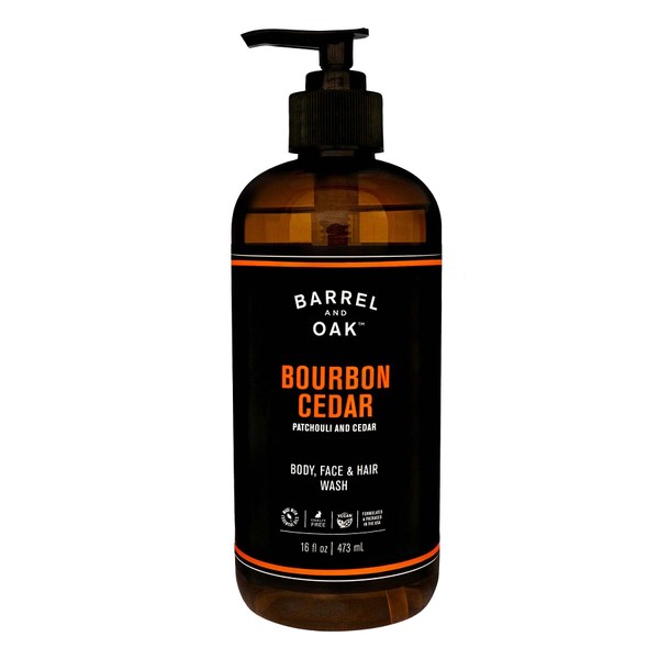 Barrel and Oak - All-In-One Body Wash, Men's Body Wash, Men's Soap for Hair, Face, & Body, Refreshing & Balanced Cleanser, Essential Oil-Based Scent, Cedarwood & Bourbon, Vegan (Bourbon Cedar, 16 oz)