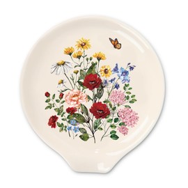 JarThenaAMCS 4.7inch Vintage Floral Spoon Rest Watercolor Wildflower Butterfly Small Coffee Spoon Holder for Spring Summer Kitchen Coffee Stirrers Teaspoon Bar Station Accessories