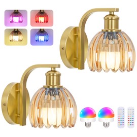 VerRon Rechargeable Battery Operated Wall Sconce Set of Two with Amber Glass Lampshade, Wireless Wall Scone Decor with Remote Control, 15 Colors Gold Wall Light for Bedside Hallway Bedroom Doorway