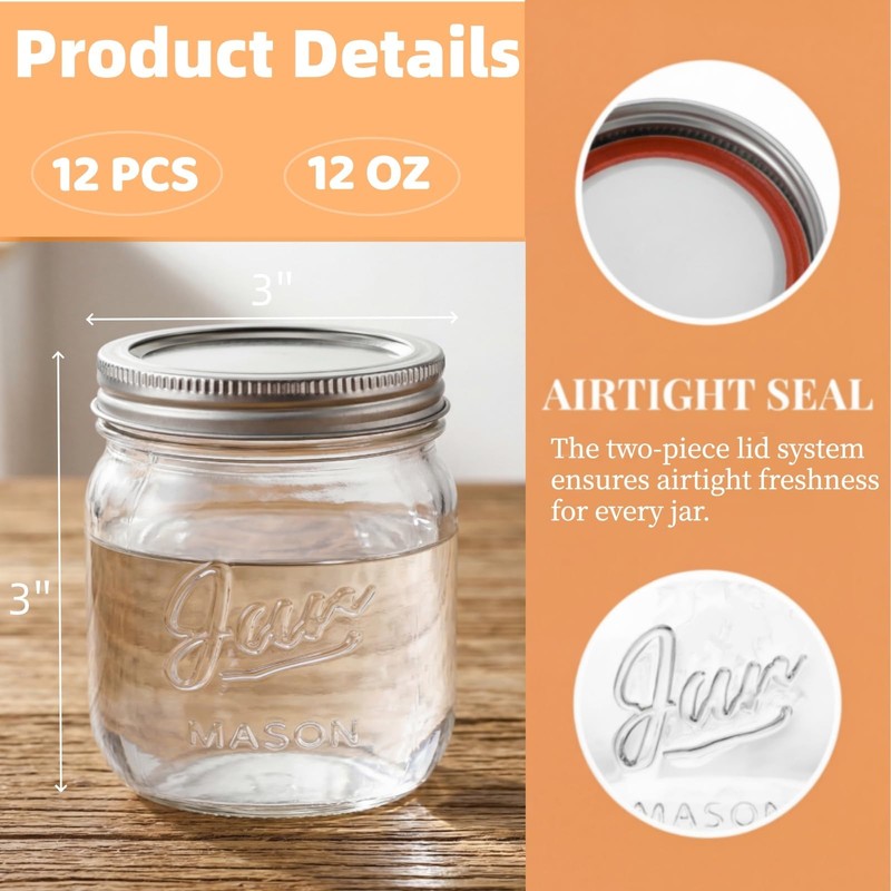 Lyellfe 12 Pack Wide Mouth Mason Jars, 12 Oz Airtight