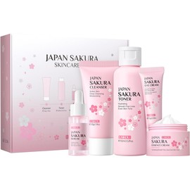 LAIKOU- Set de cuidado de la piel JAPAN SAKURA Sets de regalo de belleza para mujeres Kit de cuidado de la piel con limpiador, tónico, suero, crema para ojos