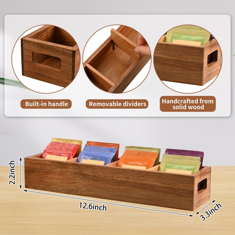 Chicvilla Acacia Wood Tea Bag Organizer with 4 Slots –