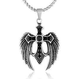 Angel Wing Pendant, Gothic Cross Necklace for Men, Viking Cross Sword Necklace Cross Wing Jewelry, Hip Hop Cross Charm Necklace Punk Cross Wings Pendant Necklace for Boys